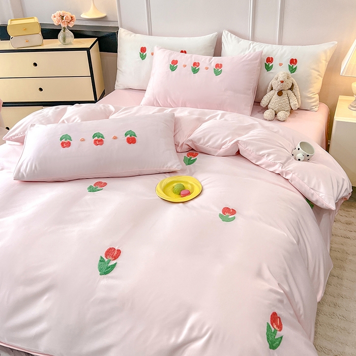 91家纺网 家纺一手货源 找家纺 艾米家居 2025水洗真丝四件套毛巾绣四件套-郁金香系列 粉