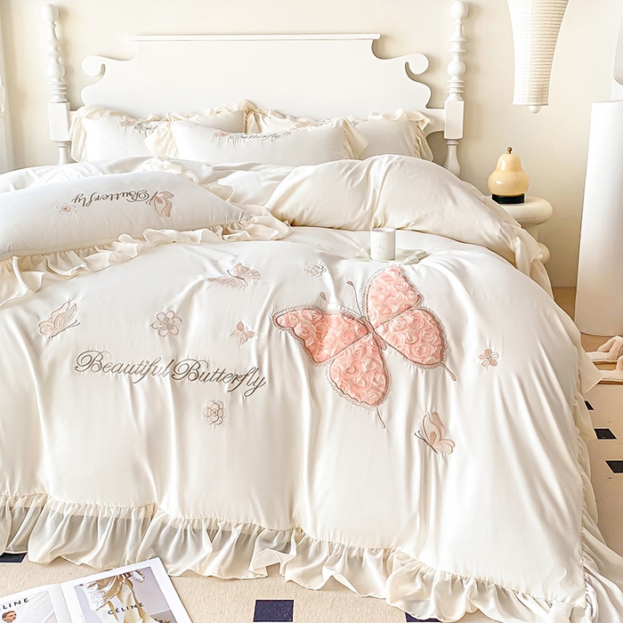 91家纺网 家纺一手货源 找家纺 富盛 2024新款水洗亲肤棉立体刺绣四件套公主风四件套-蝴蝶系列 蝴蝶-白