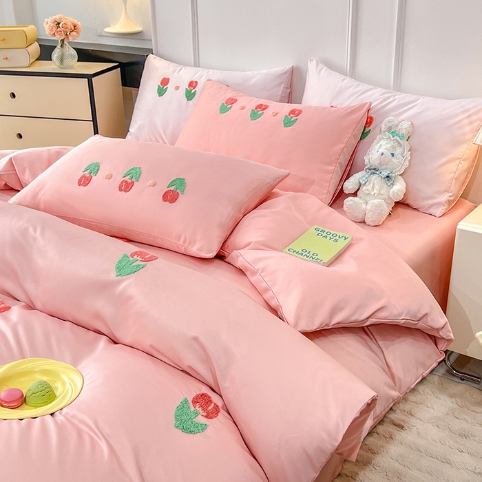 91家纺网 家纺一手货源 找家纺 艾米家居 2025水洗真丝四件套毛巾绣四件套-郁金香系列 豆沙