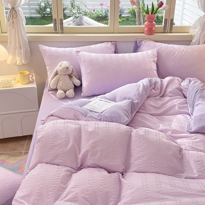 91家纺网 家纺一手货源 找家纺 梦之岛 2024新款小清新泡泡纱安妮系列水洗磨毛四件套 安妮-紫