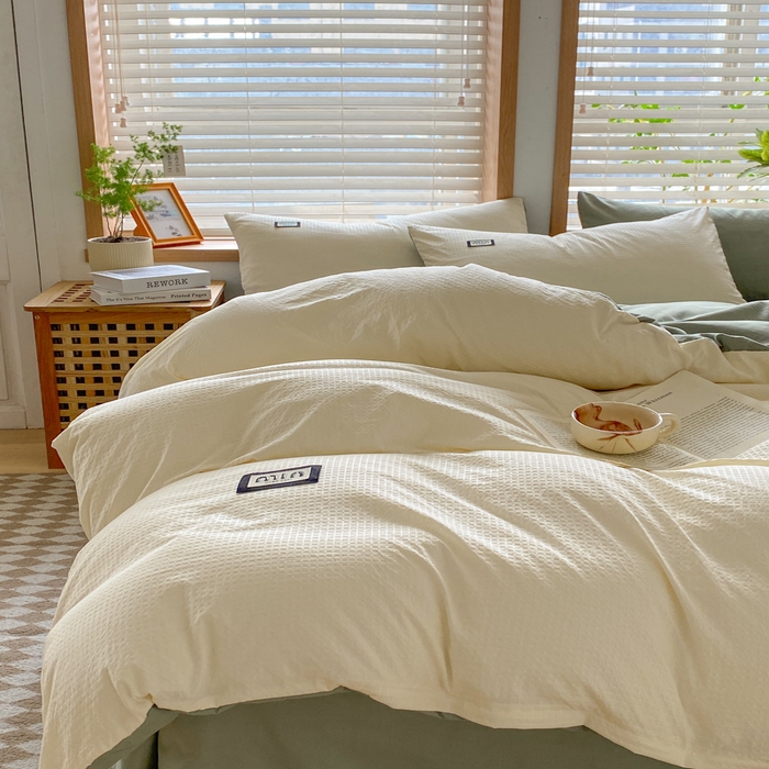 91家纺网 家纺一手货源 找家纺 梦之岛 2024miu贴标水洗磨毛华夫格四件套 miumiu -白绿