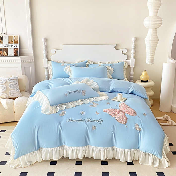 91家纺网 家纺一手货源 找家纺 富盛 2024新款水洗亲肤棉立体刺绣四件套公主风四件套-蝴蝶系列 蝴蝶-蓝