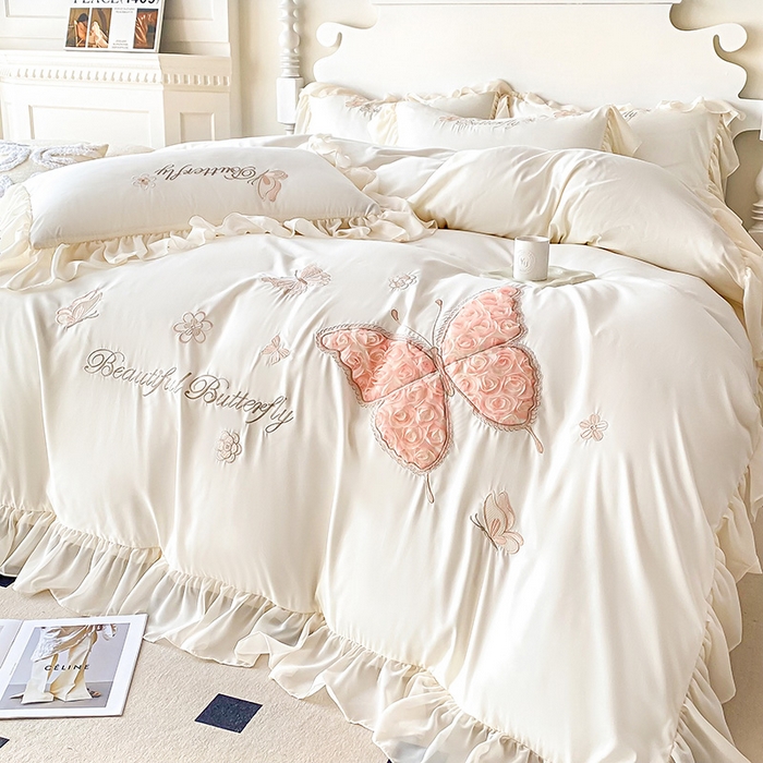 91家纺网 家纺一手货源 找家纺 富盛 2024新款水洗亲肤棉立体刺绣四件套公主风四件套-蝴蝶系列 蝴蝶-白