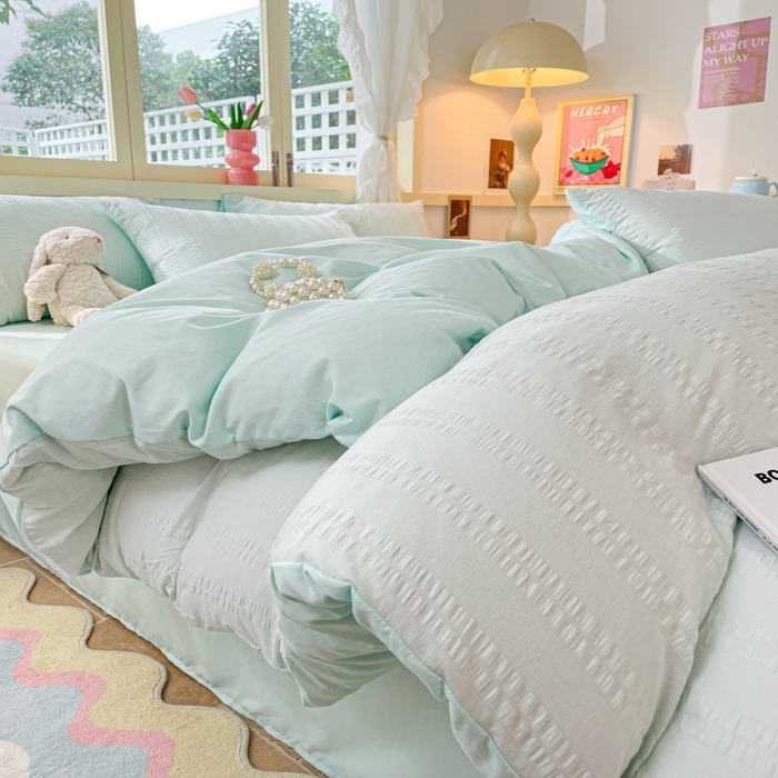 91家纺网 家纺一手货源 找家纺 梦之岛 2024新款小清新泡泡纱安妮系列水洗磨毛四件套 安妮-水绿