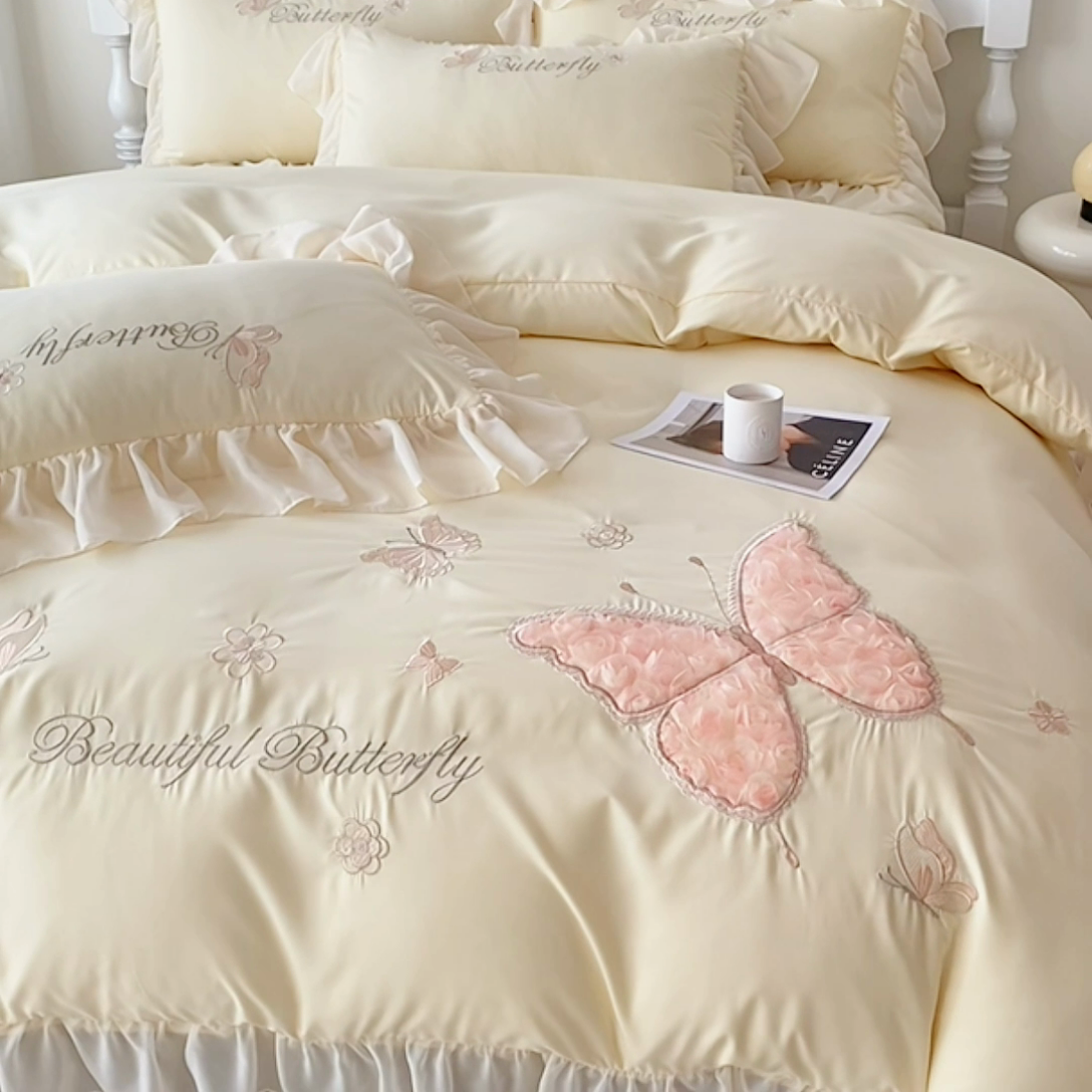 91家纺网 家纺一手货源 找家纺 富盛 2024新款水洗亲肤棉立体刺绣四件套公主风四件套-蝴蝶系列 蝴蝶-黄