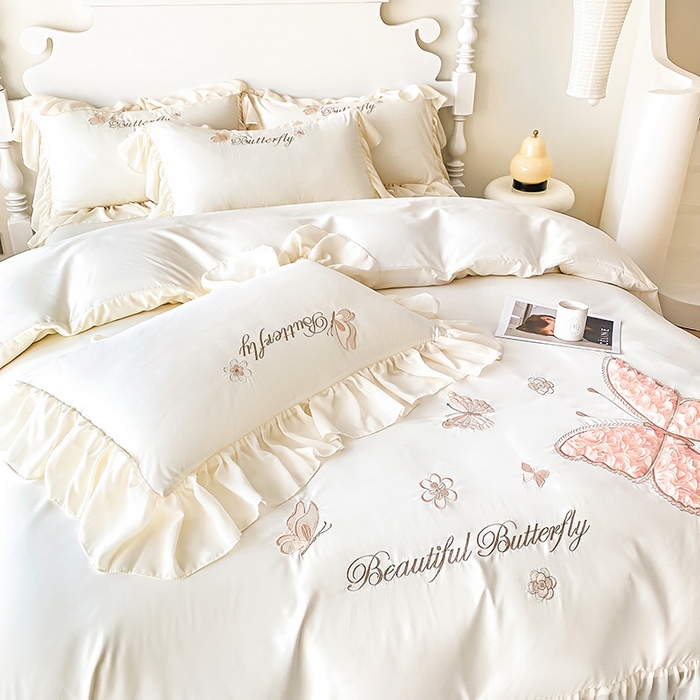 91家纺网 家纺一手货源 找家纺 富盛 2024新款水洗亲肤棉立体刺绣四件套公主风四件套-蝴蝶系列 蝴蝶-白