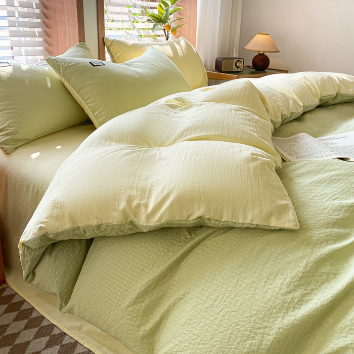 91家纺网 家纺一手货源 找家纺 梦之岛 2024miu贴标水洗磨毛华夫格四件套 miumiu -黄绿