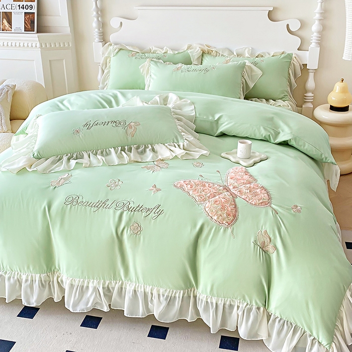 91家纺网 家纺一手货源 找家纺 富盛 2024新款水洗亲肤棉立体刺绣四件套公主风四件套-蝴蝶系列 蝴蝶-嫩绿