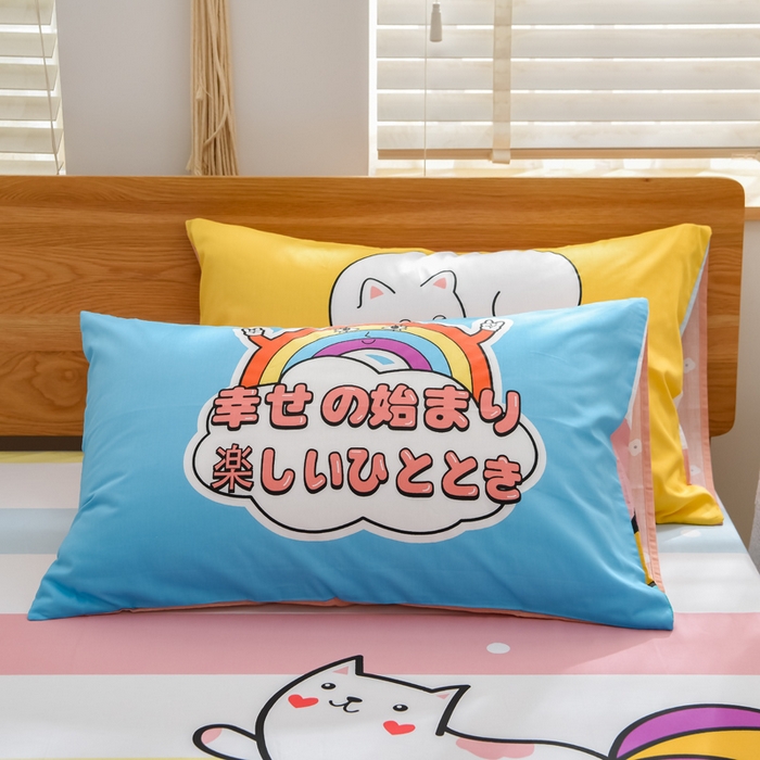 91家纺网 家纺一手货源 找家纺 沐白家居 2024新款纯棉喷气133*72二次元大版印花单床笠 彩虹喵喵