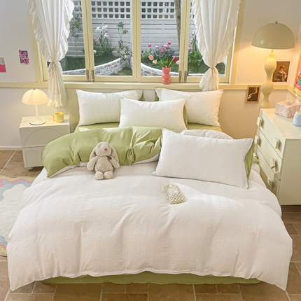 91家纺网 家纺一手货源 找家纺 梦之岛 2024新款小清新泡泡纱安妮系列水洗磨毛四件套 安妮-白绿