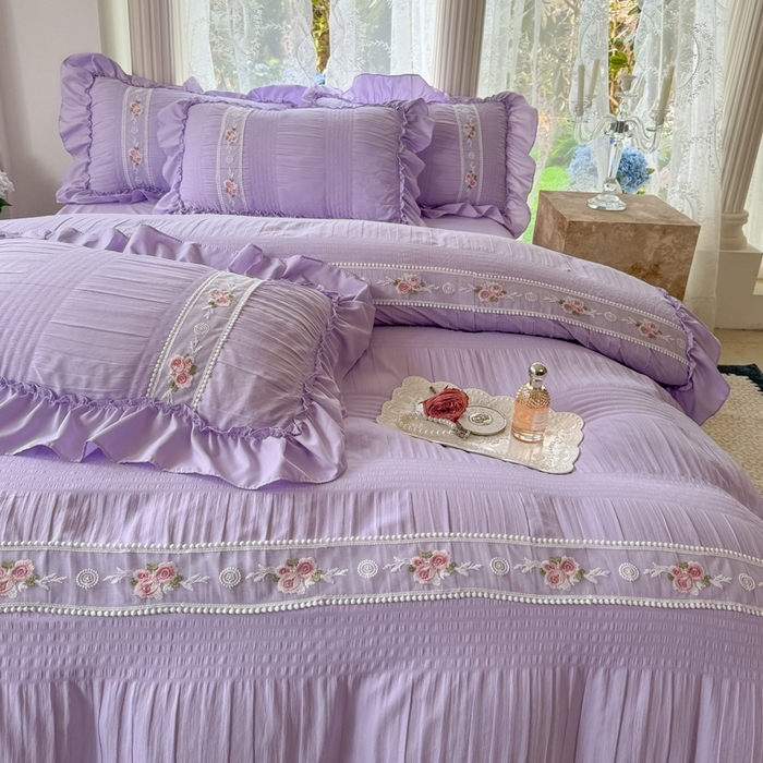 91家纺网 家纺一手货源 找家纺 仟网汇 2024新款韩版泡泡纱刺绣花边四件套 泡泡纱-薰衣草紫