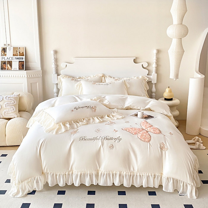 91家纺网 家纺一手货源 找家纺 富盛 2024新款水洗亲肤棉立体刺绣四件套公主风四件套-蝴蝶系列 蝴蝶-白