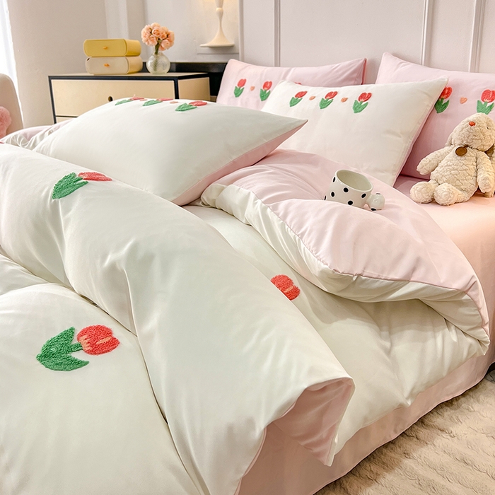 91家纺网 家纺一手货源 找家纺 艾米家居 2025水洗真丝四件套毛巾绣四件套-郁金香系列 白加粉