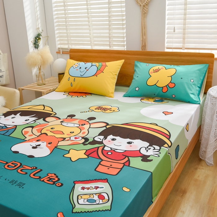 91家纺网 家纺一手货源 找家纺 沐白家居 2024新款纯棉喷气133*72二次元大版印花单床笠 趣味