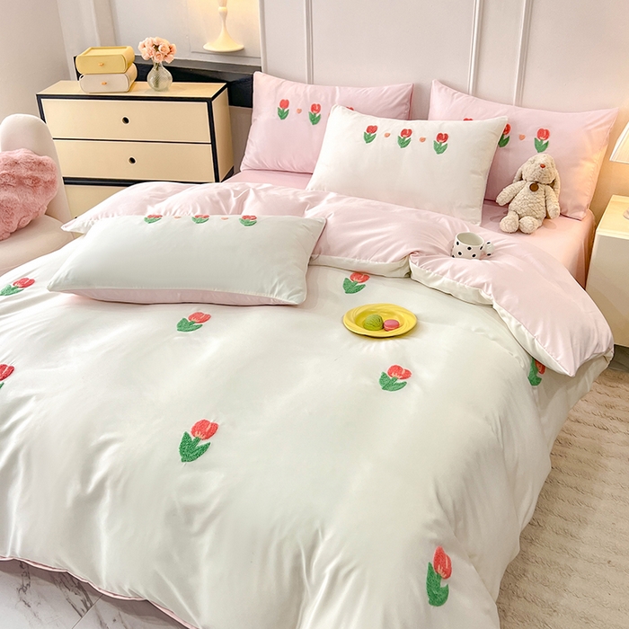 91家纺网 家纺一手货源 找家纺 艾米家居 2025水洗真丝四件套毛巾绣四件套-郁金香系列 白加粉