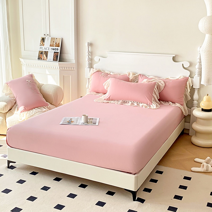 91家纺网 家纺一手货源 找家纺 富盛 2024新款水洗亲肤棉立体刺绣四件套公主风四件套-蝴蝶系列 蝴蝶-豆沙