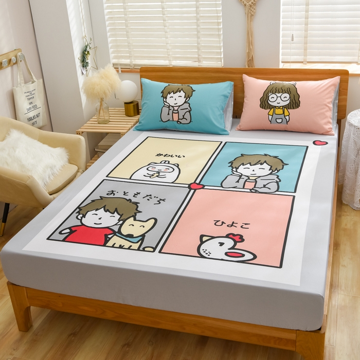 91家纺网 家纺一手货源 找家纺 沐白家居 2024新款纯棉喷气133*72二次元大版印花单床笠 城市少年