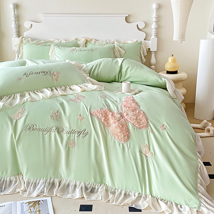 91家纺网 家纺一手货源 找家纺 富盛 2024新款水洗亲肤棉立体刺绣四件套公主风四件套-蝴蝶系列 蝴蝶-嫩绿