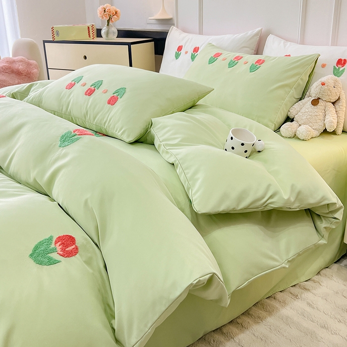 91家纺网 家纺一手货源 找家纺 艾米家居 2025水洗真丝四件套毛巾绣四件套-郁金香系列 水绿