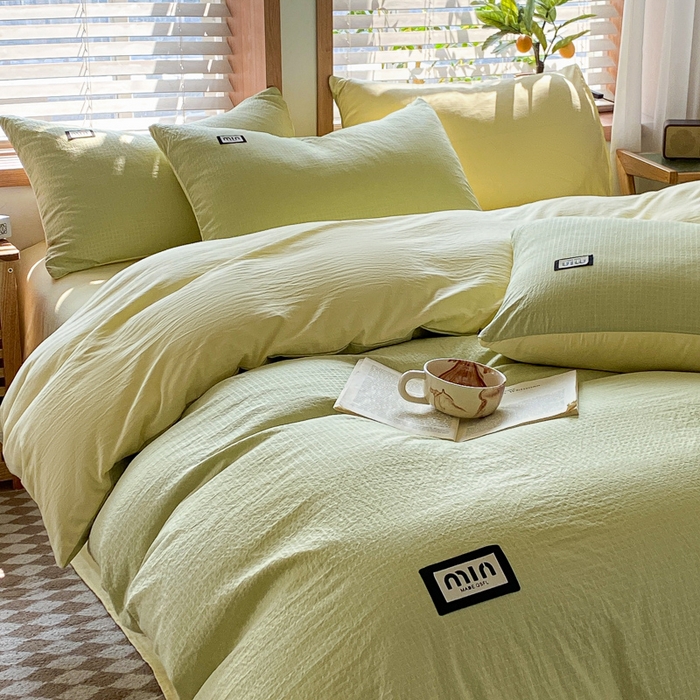 91家纺网 家纺一手货源 找家纺 梦之岛 2024miu贴标水洗磨毛华夫格四件套 miumiu -黄绿