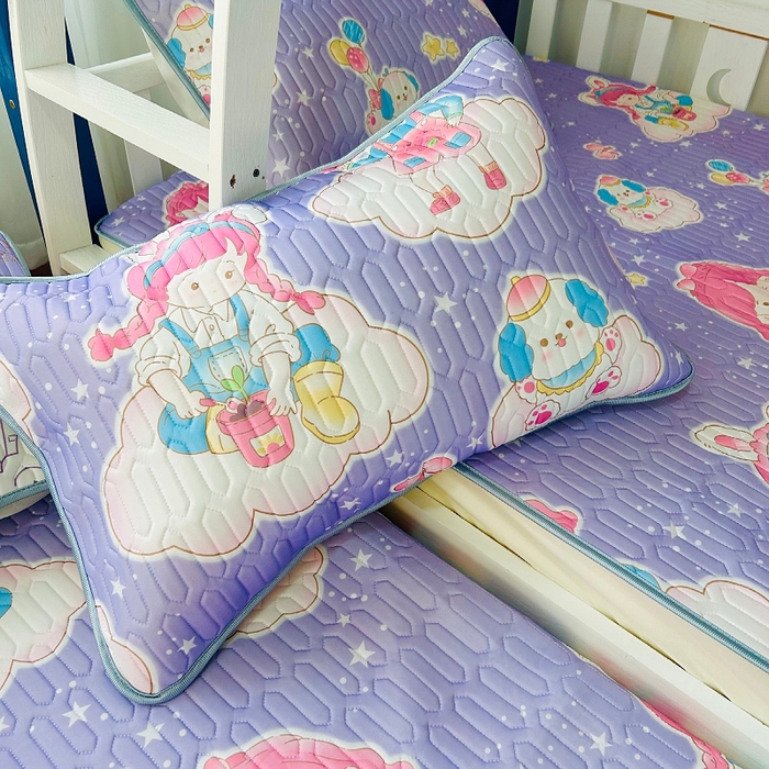 91家纺网 家纺一手货源 找家纺 小虾米 2024新款上下床乳胶凉席床笠款印花凉席三件套 梦幻城堡