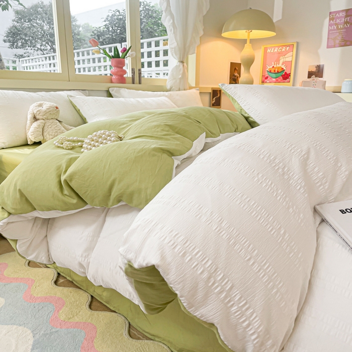 91家纺网 家纺一手货源 找家纺 梦之岛 2024新款小清新泡泡纱安妮系列水洗磨毛四件套 安妮-白绿