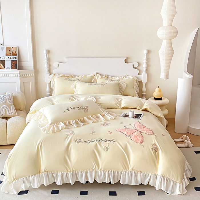 91家纺网 家纺一手货源 找家纺 富盛 2024新款水洗亲肤棉立体刺绣四件套公主风四件套-蝴蝶系列 蝴蝶-黄