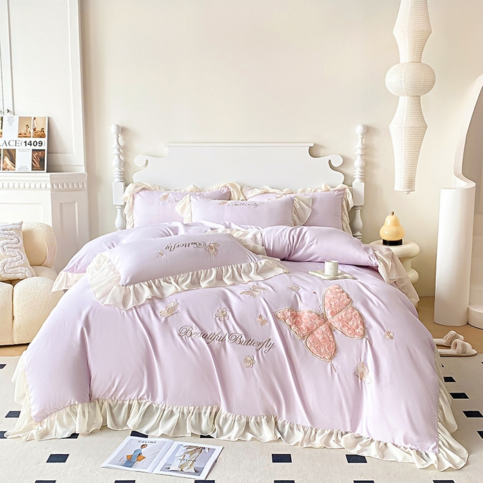 91家纺网 家纺一手货源 找家纺 富盛 2024新款水洗亲肤棉立体刺绣四件套公主风四件套-蝴蝶系列 蝴蝶-紫