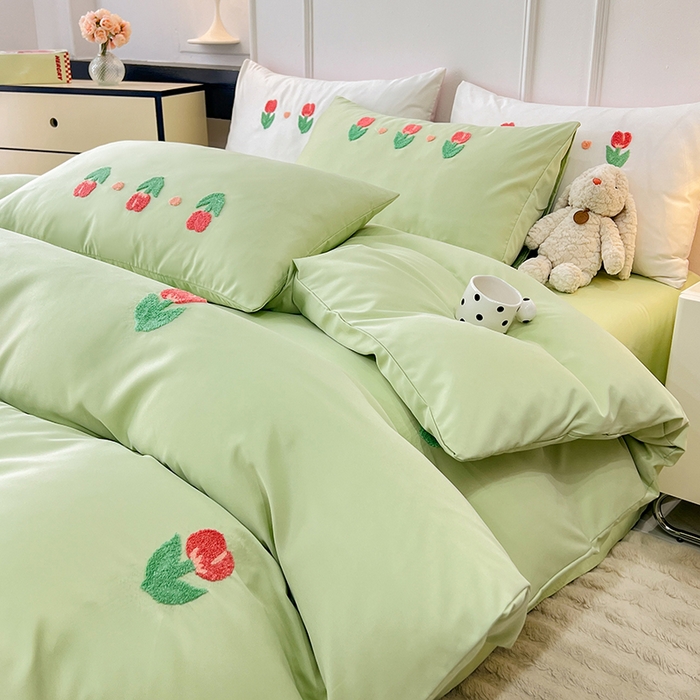 91家纺网 家纺一手货源 找家纺 艾米家居 2025水洗真丝四件套毛巾绣四件套-郁金香系列 水绿