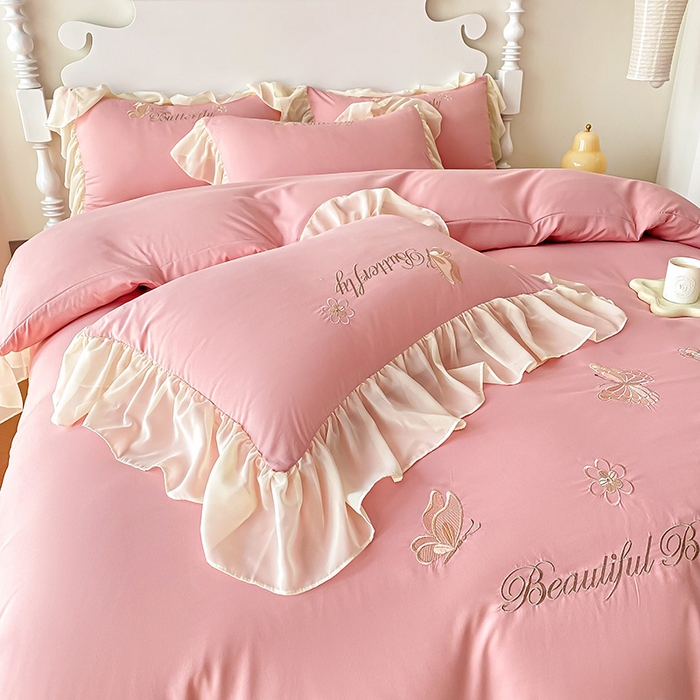 91家纺网 家纺一手货源 找家纺 富盛 2024新款水洗亲肤棉立体刺绣四件套公主风四件套-蝴蝶系列 蝴蝶-豆沙