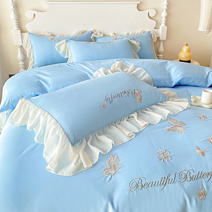 91家纺网 家纺一手货源 找家纺 富盛 2024新款水洗亲肤棉立体刺绣四件套公主风四件套-蝴蝶系列 蝴蝶-蓝