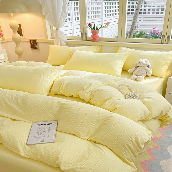 91家纺网 家纺一手货源 找家纺 梦之岛 2024新款小清新泡泡纱安妮系列水洗磨毛四件套 安妮-黄