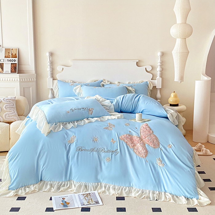 91家纺网 家纺一手货源 找家纺 富盛 2024新款水洗亲肤棉立体刺绣四件套公主风四件套-蝴蝶系列 蝴蝶-蓝