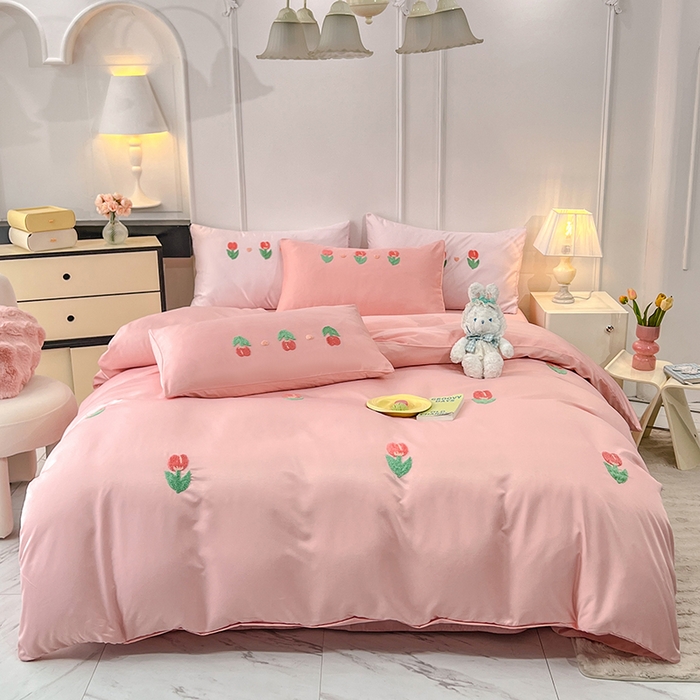 91家纺网 家纺一手货源 找家纺 艾米家居 2025水洗真丝四件套毛巾绣四件套-郁金香系列 豆沙