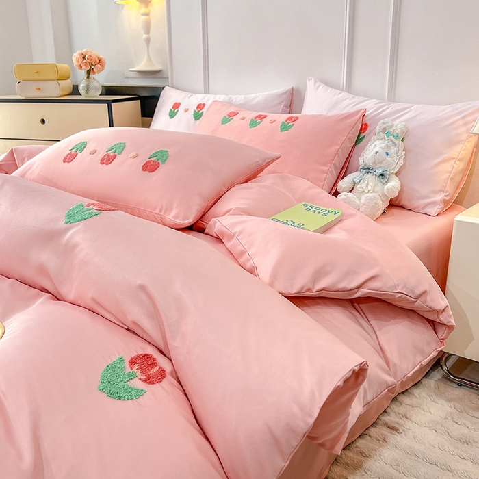 91家纺网 家纺一手货源 找家纺 艾米家居 2025水洗真丝四件套毛巾绣四件套-郁金香系列 豆沙