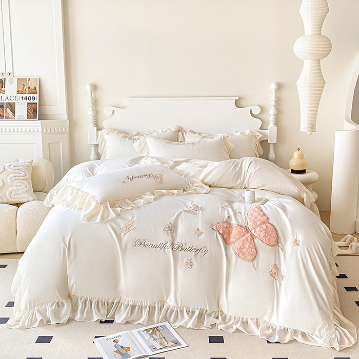 91家纺网 家纺一手货源 找家纺 富盛 2024新款水洗亲肤棉立体刺绣四件套公主风四件套-蝴蝶系列 蝴蝶-白