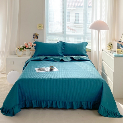 胜权家纺 2024新款A类60S天丝夹棉绣花床盖三件套 静待花开--绅士蓝