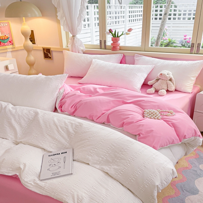 91家纺网 家纺一手货源 找家纺 梦之岛 2024新款小清新泡泡纱安妮系列水洗磨毛四件套 安妮-白粉