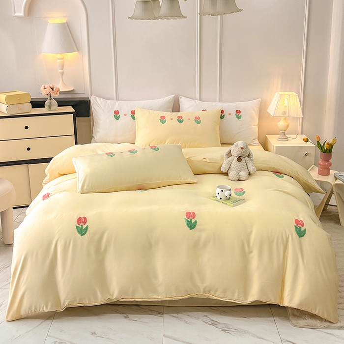 91家纺网 家纺一手货源 找家纺 艾米家居 2025水洗真丝四件套毛巾绣四件套-郁金香系列 黄