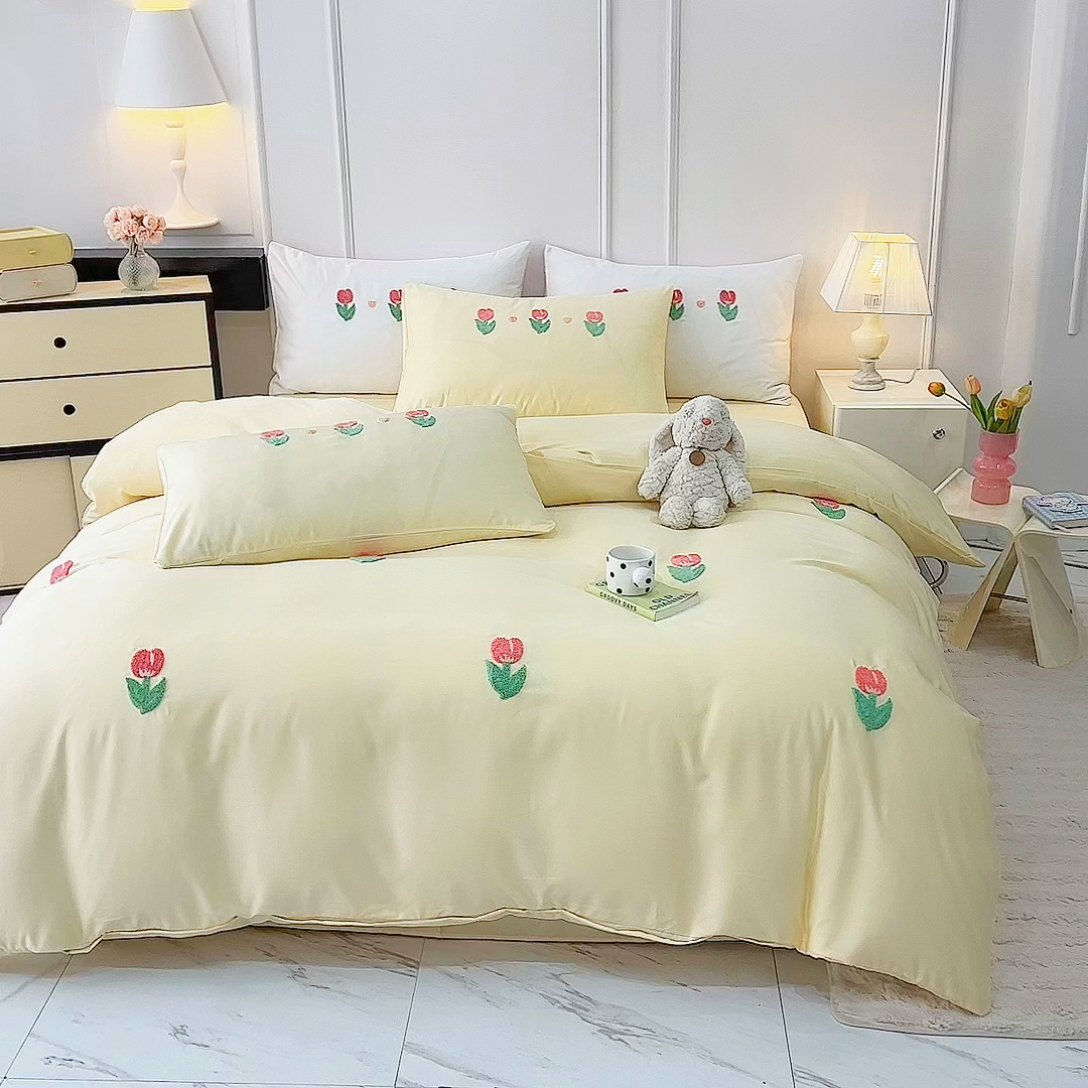 91家纺网 家纺一手货源 找家纺 艾米家居 2025水洗真丝四件套毛巾绣四件套-郁金香系列 黄