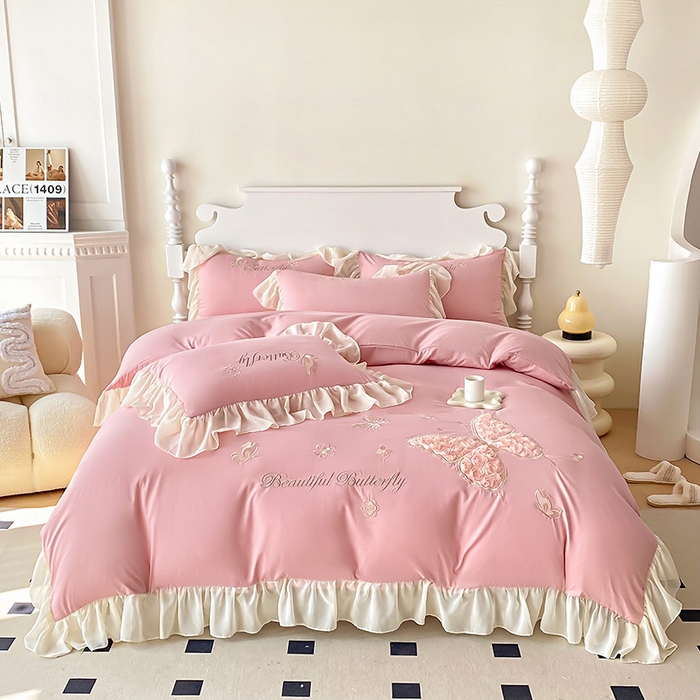 91家纺网 家纺一手货源 找家纺 富盛 2024新款水洗亲肤棉立体刺绣四件套公主风四件套-蝴蝶系列 蝴蝶-豆沙