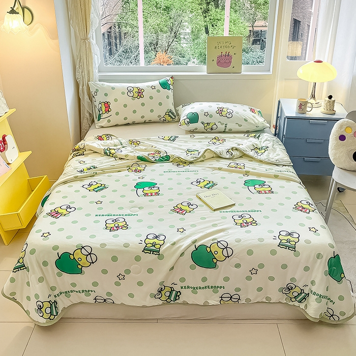 91家纺网 家纺一手货源 找家纺 金爱家 2024新款A类三丽鸥正版授权高品质牛奶丝软糯针织棉夏被系列 针织棉三丽鸥-绿绿大眼蛙