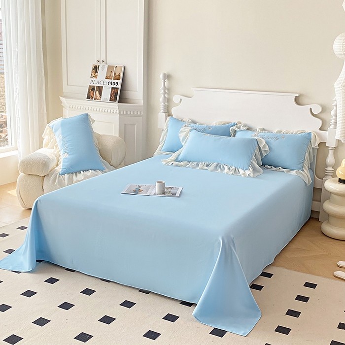 91家纺网 家纺一手货源 找家纺 富盛 2024新款水洗亲肤棉立体刺绣四件套公主风四件套-蝴蝶系列 蝴蝶-蓝