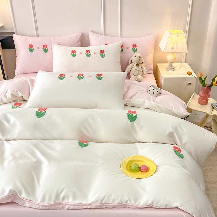 91家纺网 家纺一手货源 找家纺 艾米家居 2025水洗真丝四件套毛巾绣四件套-郁金香系列 白加粉