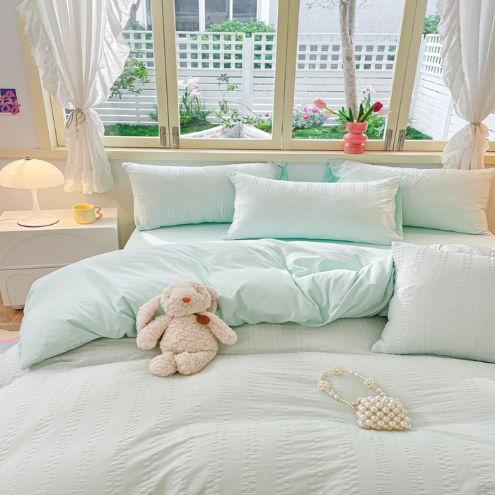 91家纺网 家纺一手货源 找家纺 梦之岛 2024新款小清新泡泡纱安妮系列水洗磨毛四件套 安妮-水绿