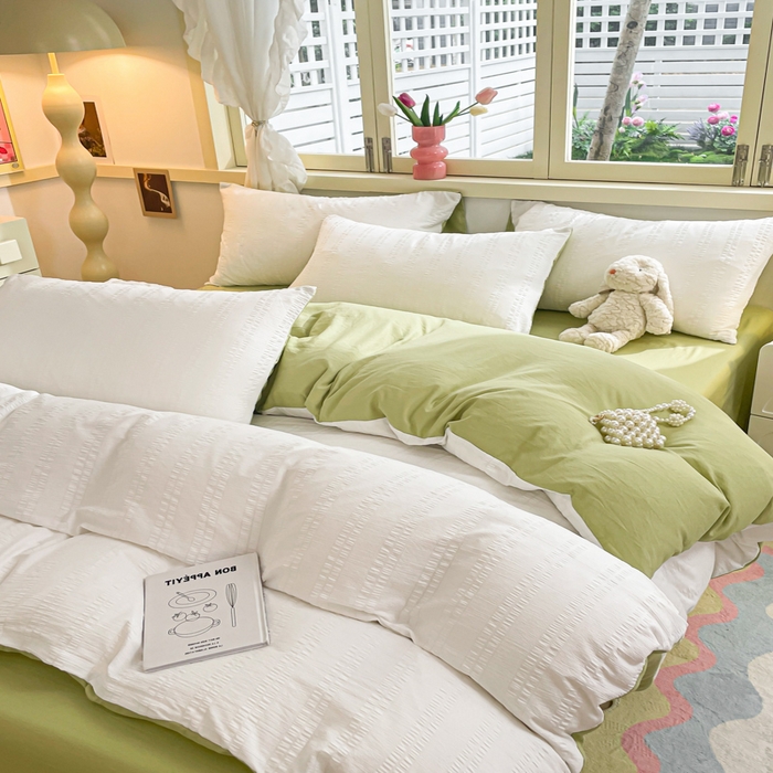 91家纺网 家纺一手货源 找家纺 梦之岛 2024新款小清新泡泡纱安妮系列水洗磨毛四件套 安妮-白绿