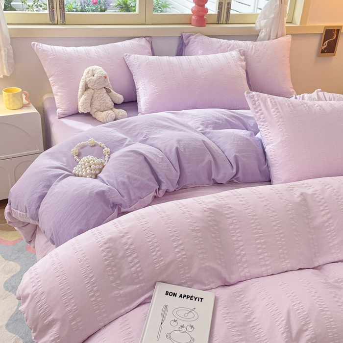 91家纺网 家纺一手货源 找家纺 梦之岛 2024新款小清新泡泡纱安妮系列水洗磨毛四件套 安妮-紫