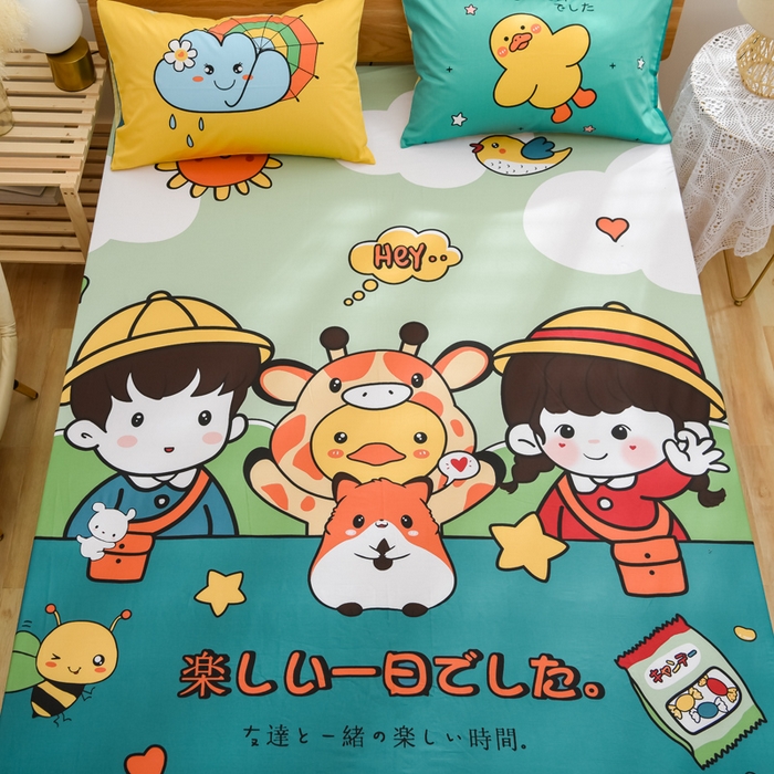 91家纺网 家纺一手货源 找家纺 沐白家居 2024新款纯棉喷气133*72二次元大版印花单床笠 趣味