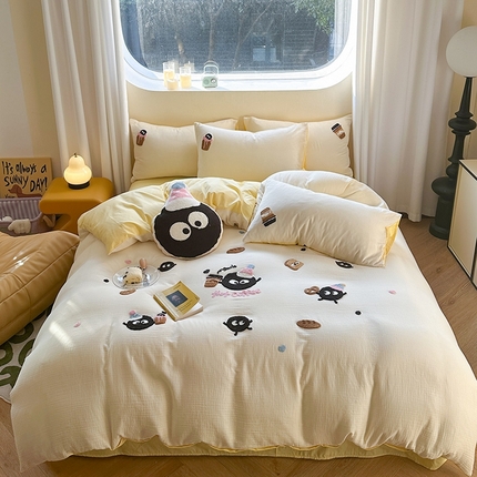 91家纺网 家纺一手货源 找家纺 眠屿 2024全棉A类皱皱纱毛巾绣四件套 煤球咖啡杯