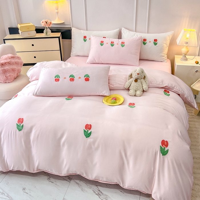 91家纺网 家纺一手货源 找家纺 艾米家居 2025水洗真丝四件套毛巾绣四件套-郁金香系列 粉